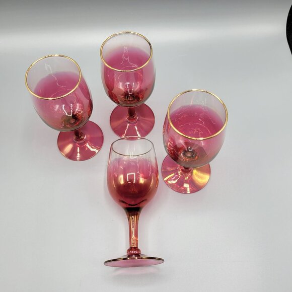 Vintage Set Of 4 MCM Cranberry Ombre Wine Glasses With Gold Rim Accent #2 - Picture 8 of 12
